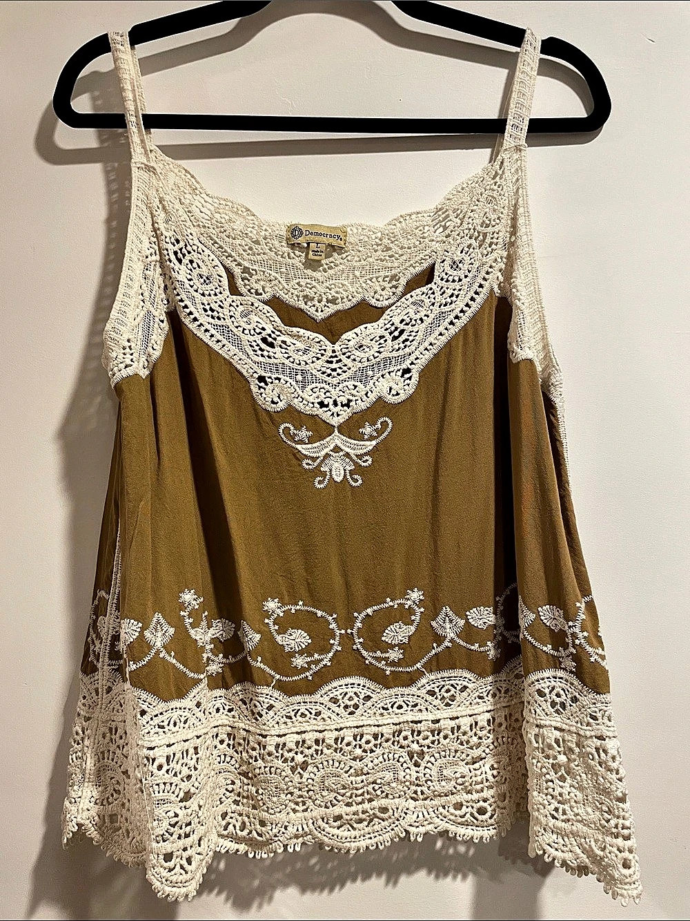 boho coastal cowgirl Lace Embroidered Tank Top in Brown & Cream Size L